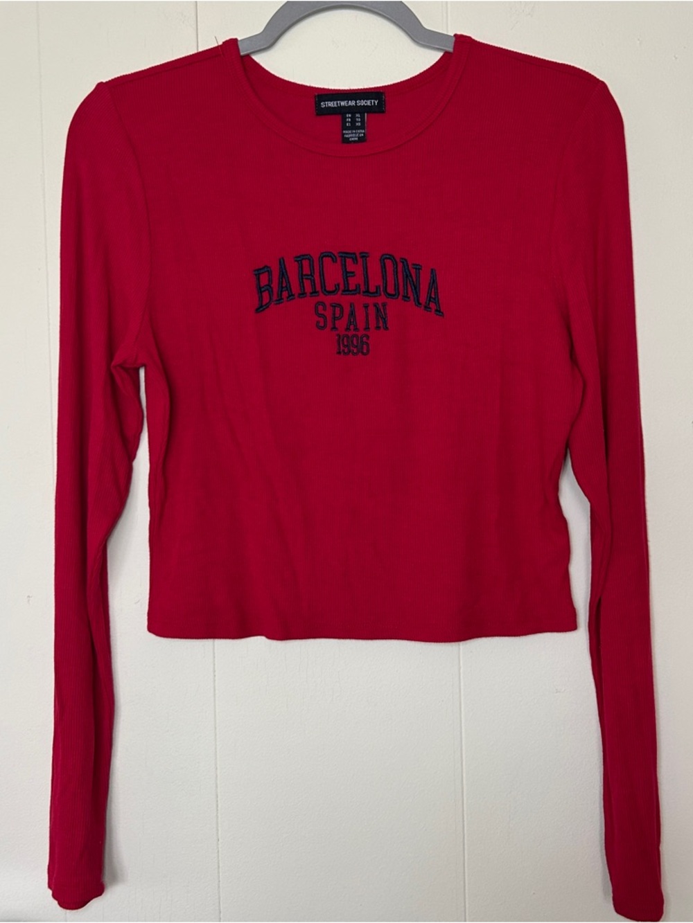 Streetwear Society Red Barcelona Spain Ribbed Crop Long-Sleeve Top Size XL